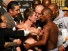 Ricky Hatton and Floyd Mayweather Jr. stand nose to nose during the weigh-in in Las Vegas.